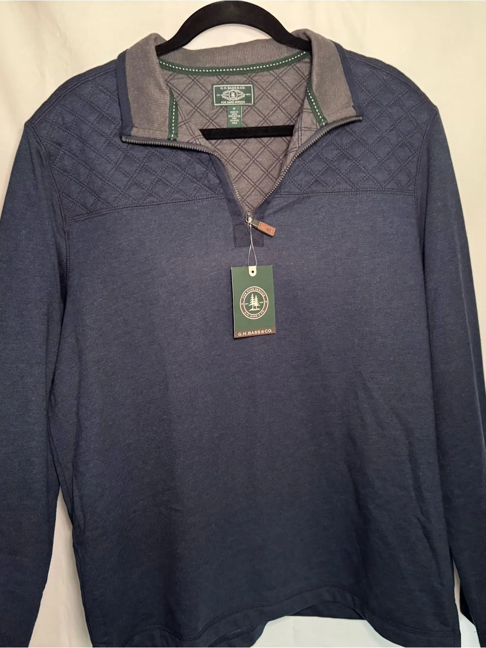 NWT G.H. Bass & Co. Quilted Quarter-Zip Fleece Pullover Navy Size M